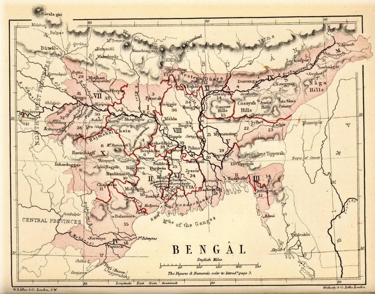 Historic 1879 Map of Bengal India - Showing Darjeeling Tea Region, North Bengal Tea Gardens, and Jalpaiguri District Where Silverpot Tea Garden Was Established